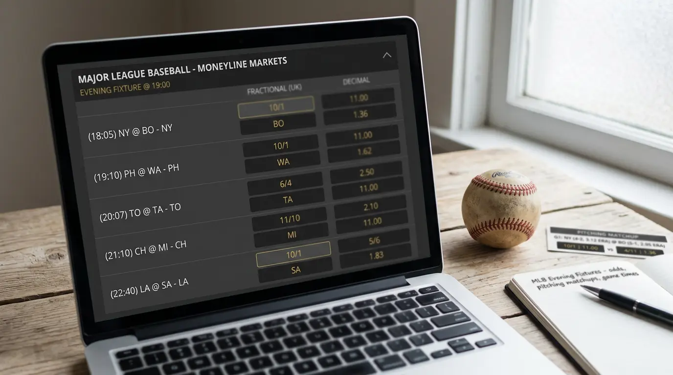 A close-up of a UK sportsbook screen showing fractional and decimal odds side by side for an MLB moneyline market