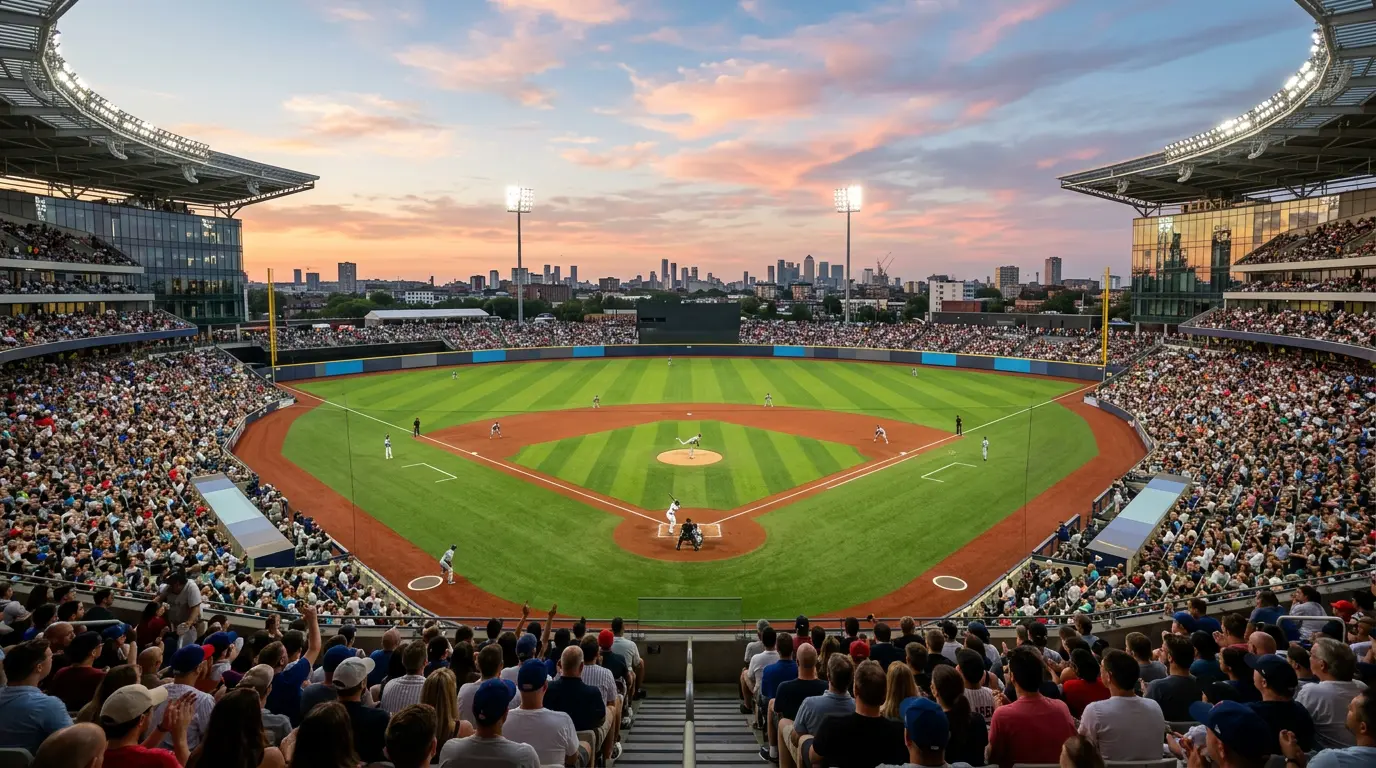 A packed London Stadium during an MLB London Series weekend, with crowds in MLB jerseys and the diamond visible below