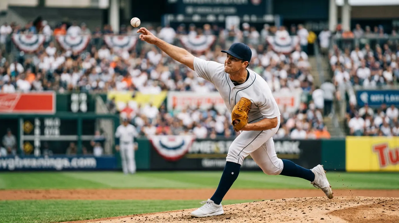 An MLB starting pitcher releasing a fastball from the mound during a regular-season game, dirt and seam visible on the ball