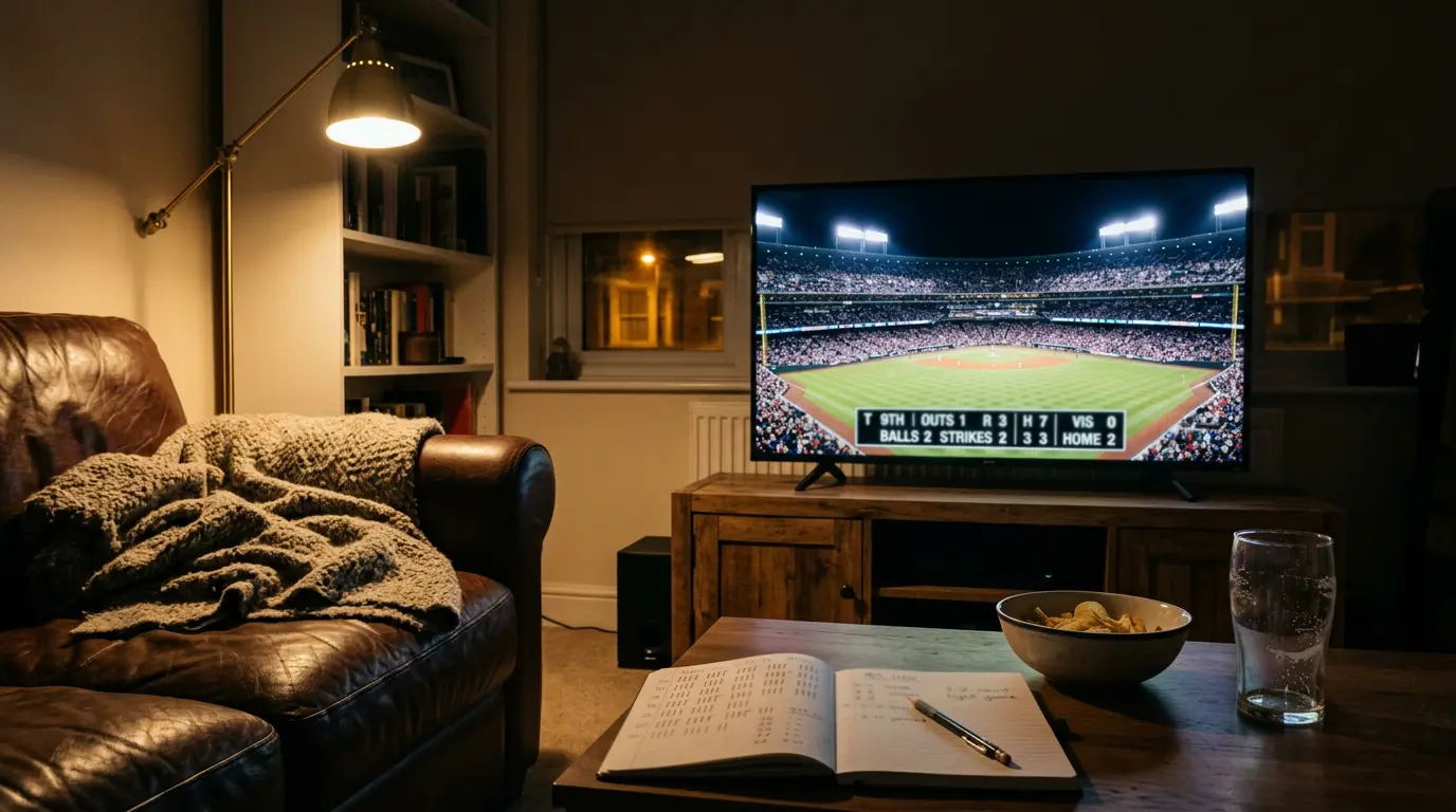 A UK living room at night with the World Series on television, scoreboard showing late innings and a notebook with hand-written notes on the table